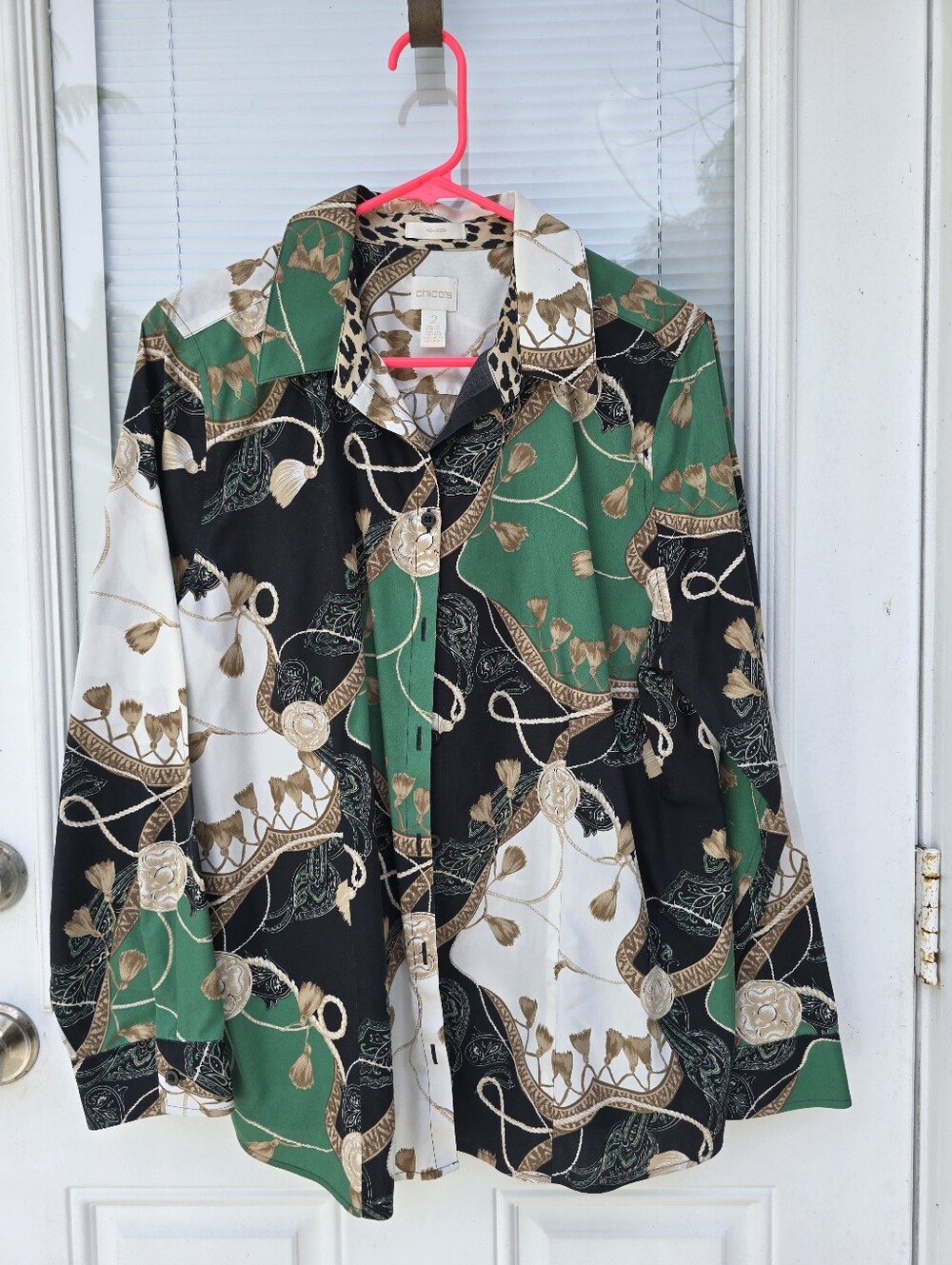 Chico's Green, Black & White Patterned Button-Up Blouse